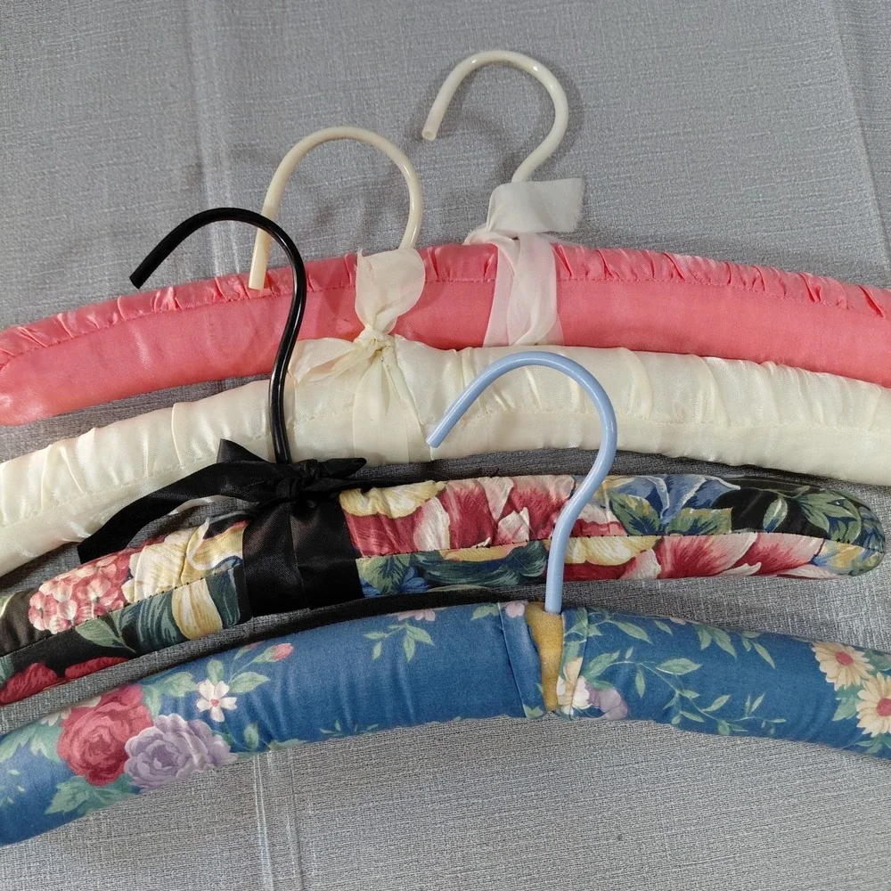 Vtg Padded Clothes Hangers Set of 4 Floral & Satin Lingerie Sweaters